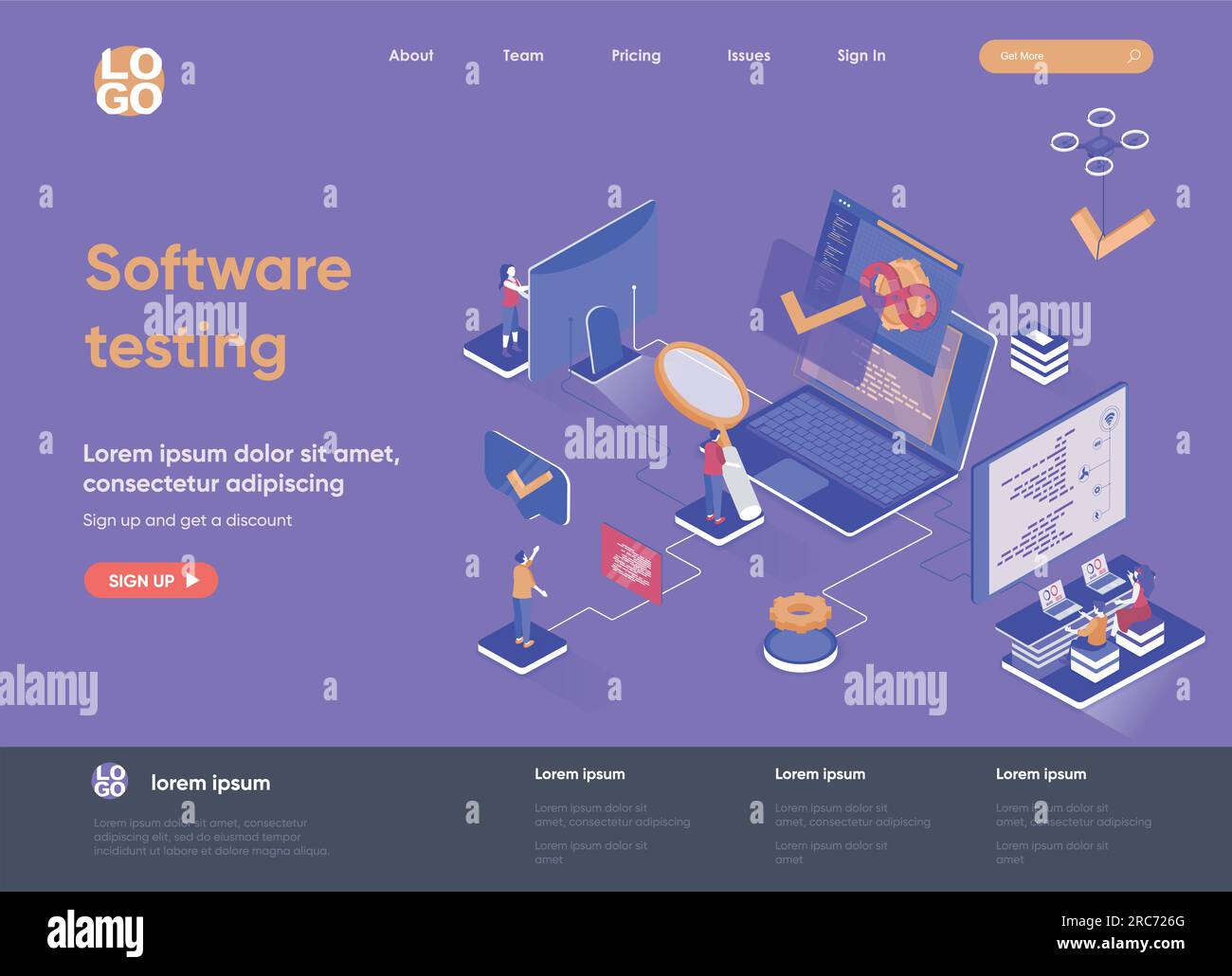 Software testing isometric landing page. Software testing and quality