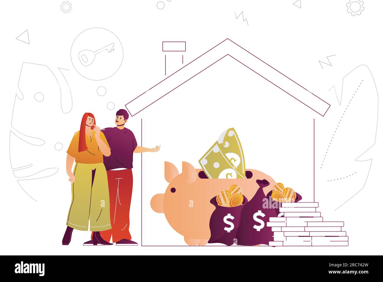 Mortgage web concept. Couple buying new house using bank loan