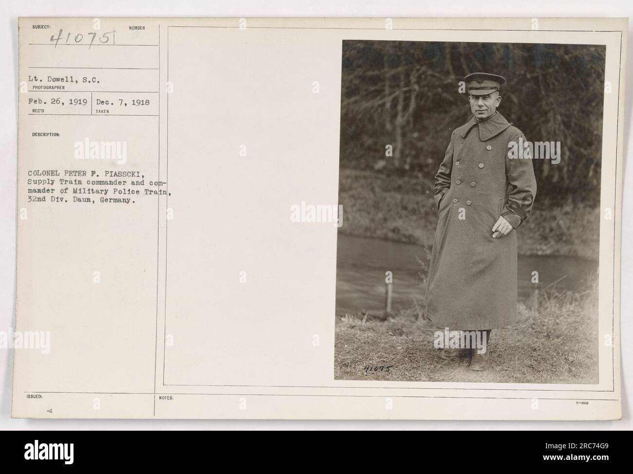 Colonel Peter P. Piasscki, the commander of the Supply Train and Military Police Train of the 32nd Division, is seen in Daun, Germany. The photograph was taken on February 26, 1919 by Lt. Dowell. It was received on December 7, 1918 and is labeled as number 18 in the collection. Stock Photo