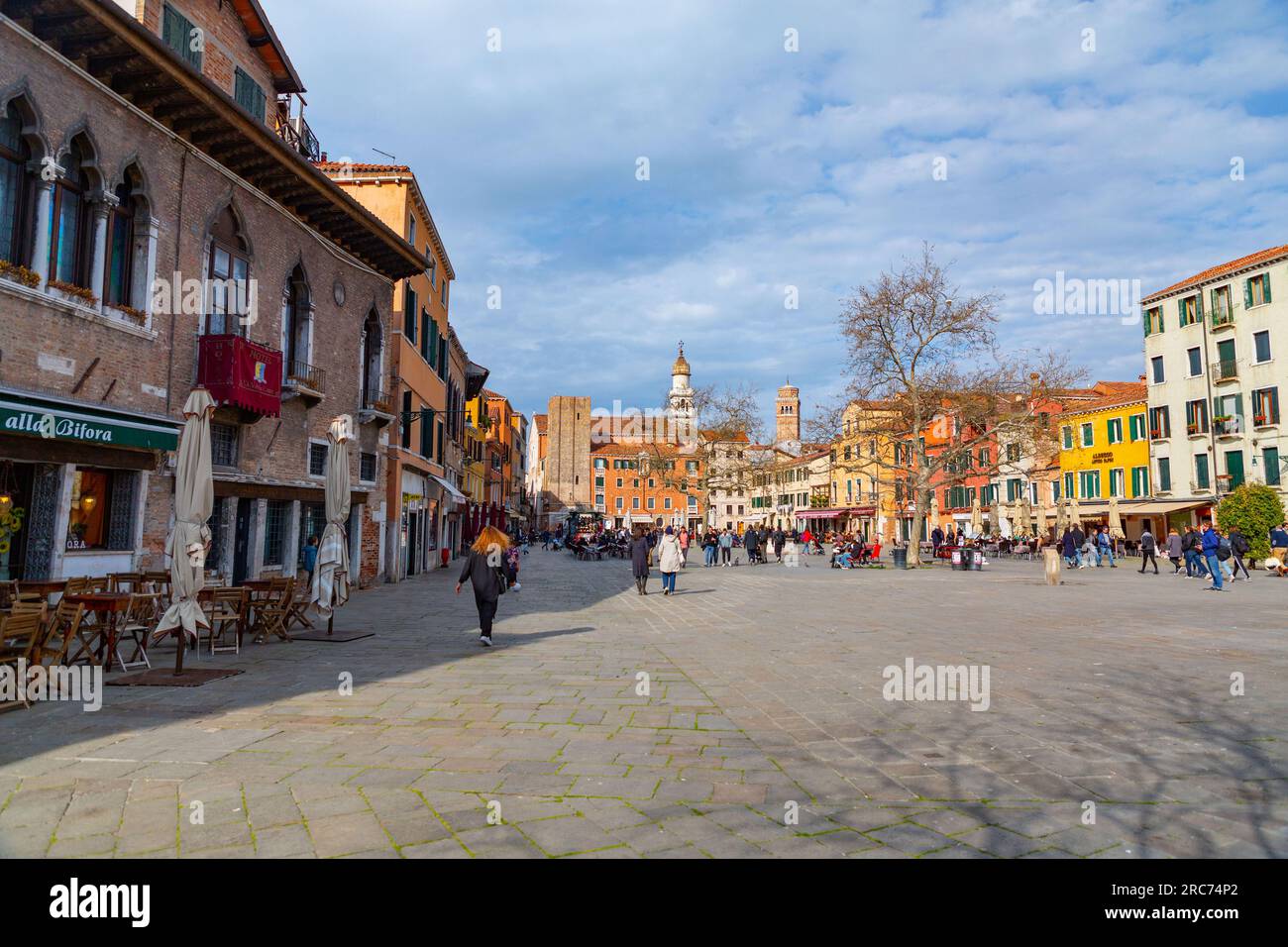 Venice, Italy - April 2, 2022: Campo Santa Margherita is a city square in the sestiere of Dorsoduro of Venice, Veneto, Italy. Stock Photo