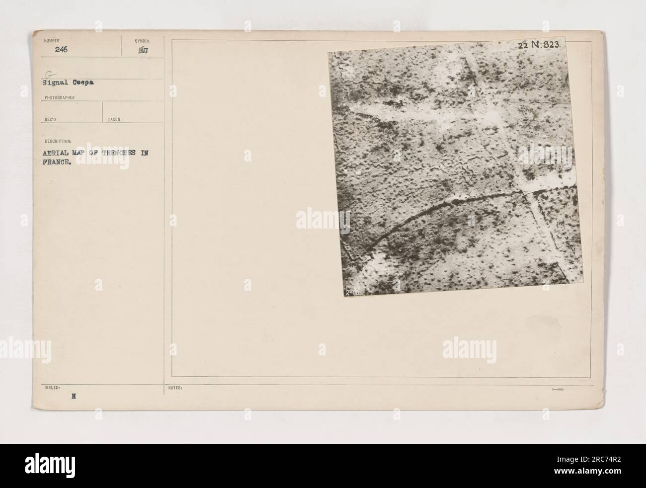 Aerial map showing trenches in France during World War One. Photograph taken by the 246 Signal Company. The map is detailed with symbols, with a note indicating a specific position with N:823 as the coordinates. Stock Photo