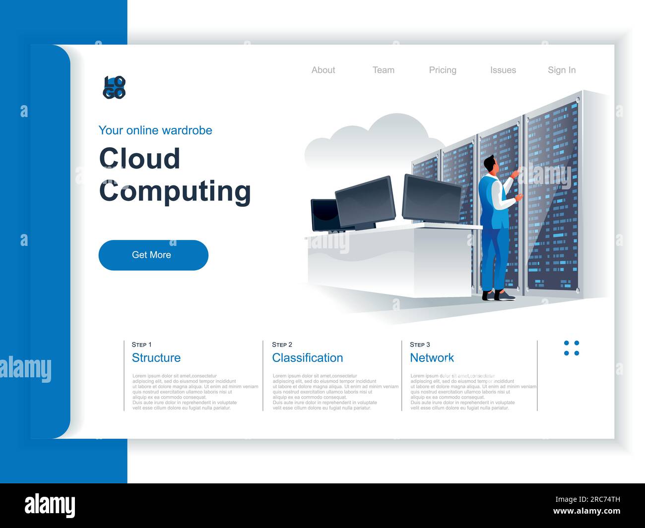 Cloud computing isometric landing page. IT specialist near server rack