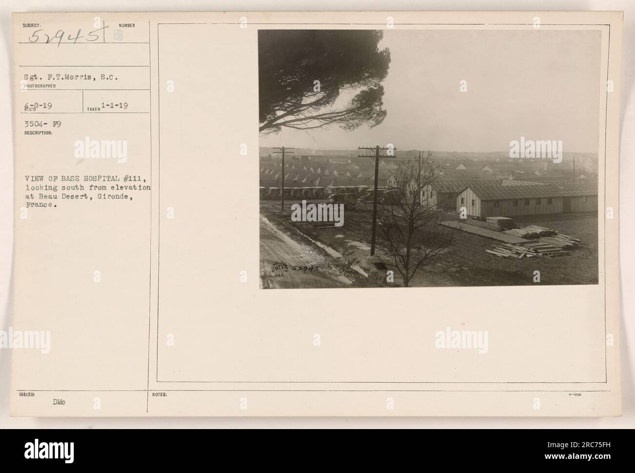 Base Hospital #111 at Beau Desert, Gironde, France, as seen from a higher vantage point. This view showcases the layout and location of the hospital facility. Photographed by Sgt. F.T. Morris. Captured on 1st January 1919. Photograph number 3504-F9. It was issued with the description and notes labeled $2945. Stock Photo