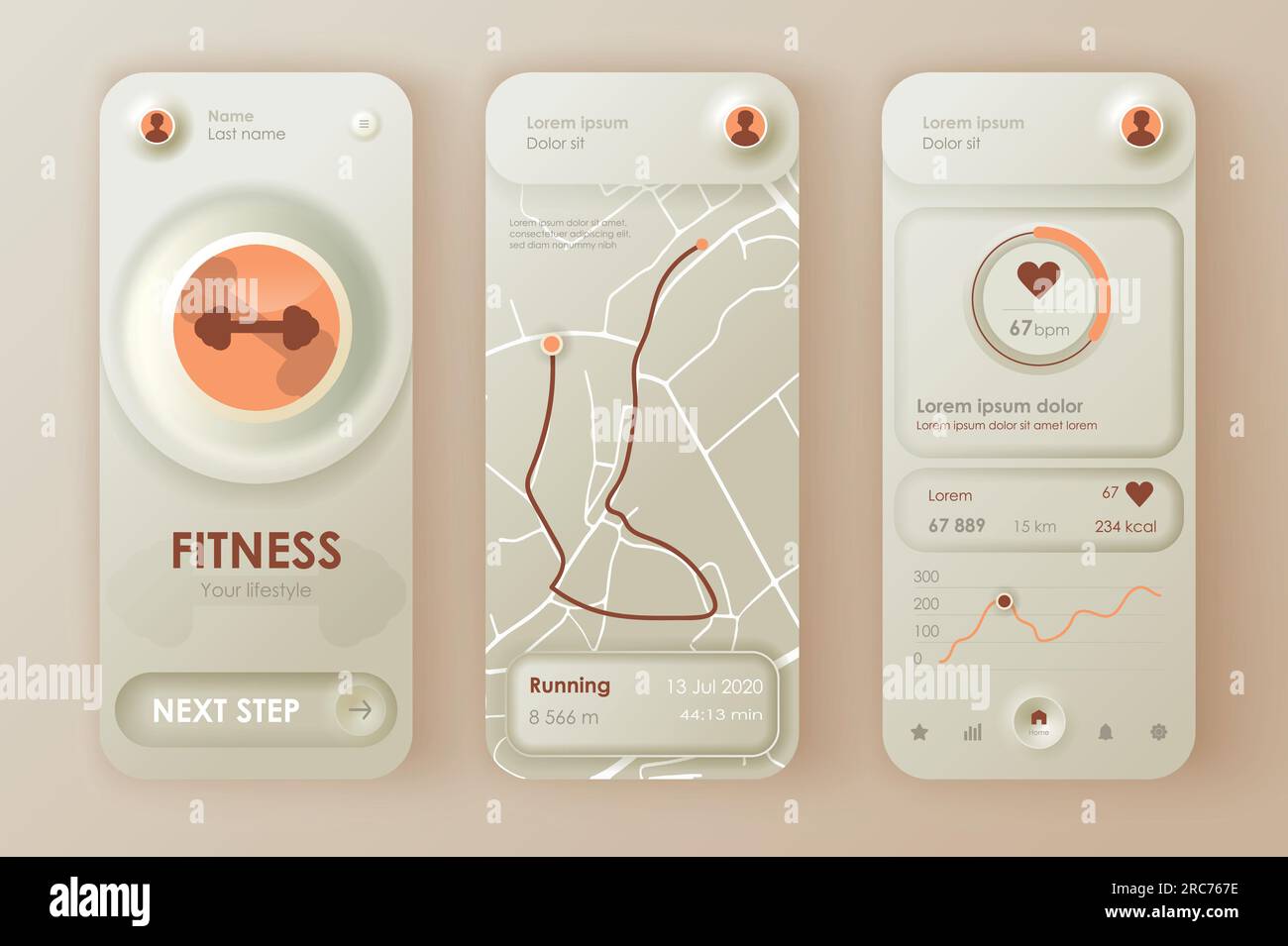 Fitness workout unique neomorphic design kit for mobile app neomorphism