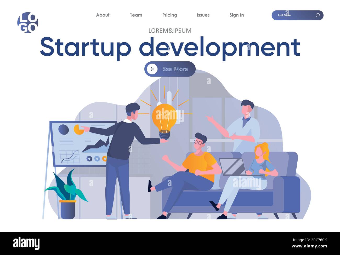 Startup development landing page with header. Startup founders planning strategy and goals for