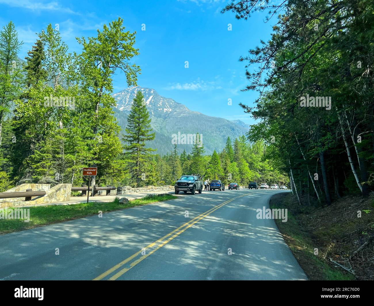West Glacier, MT USA - May 19, 2023: A pullout parking area in 