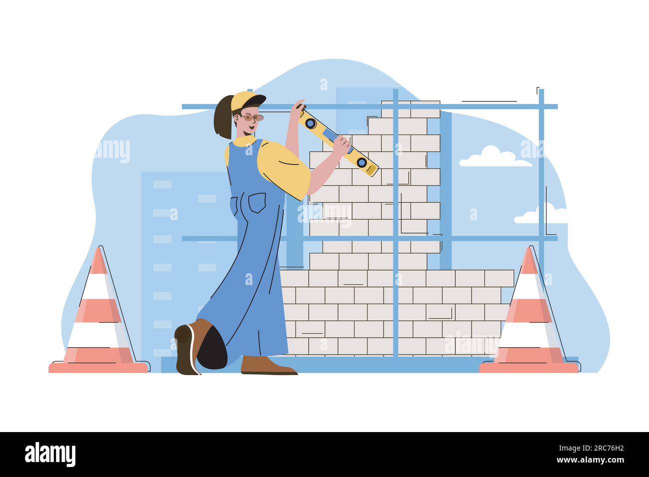 Skyscraper construction concept. Woman builder working on building site