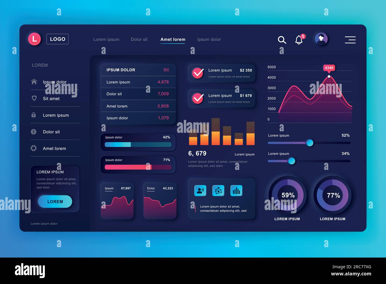 Neumorphic dashboard UI kit. Admin panel vector design template with ...