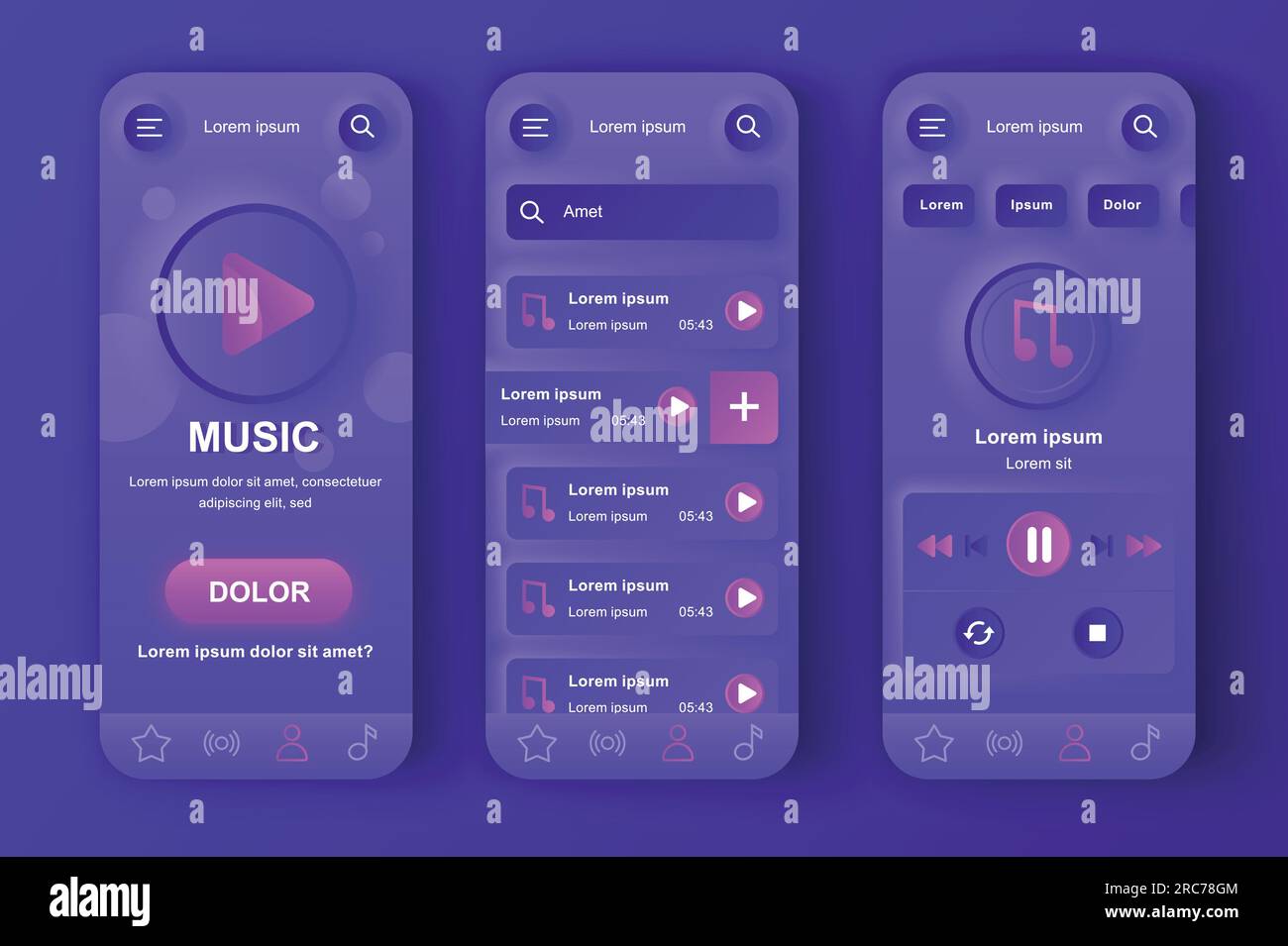 Music player unique neumorphic design kit for app. Favorite playlist