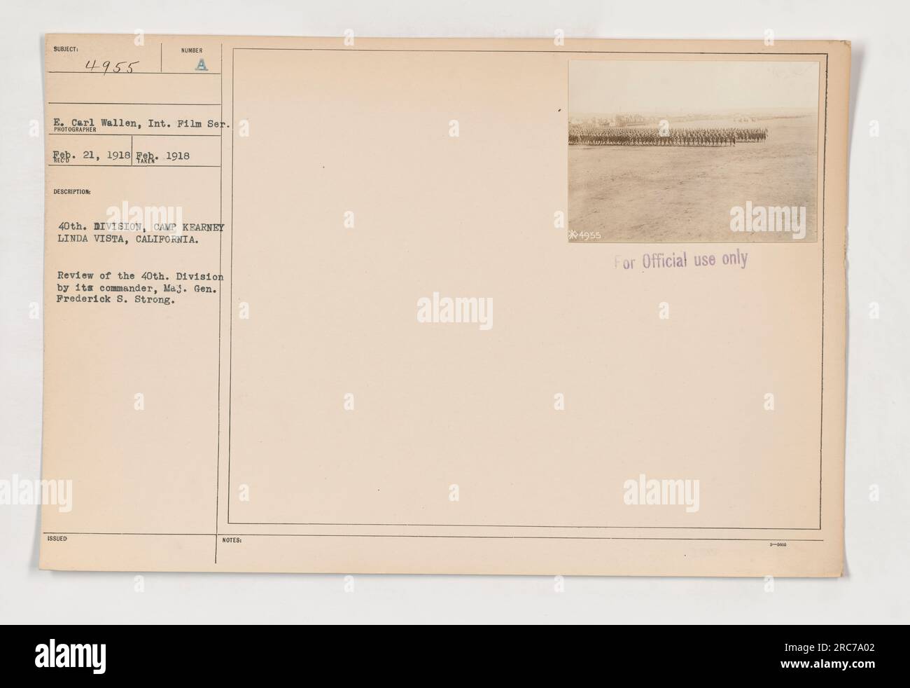 Maj. Gen. Frederick S. Strong conducting a review of the 40th Division at Camp Kearney in Linda Vista, California, during 1918. This image is part of the E. Carl Wallen International Film Series and was designated as subject 4955 in the official records. Stock Photo
