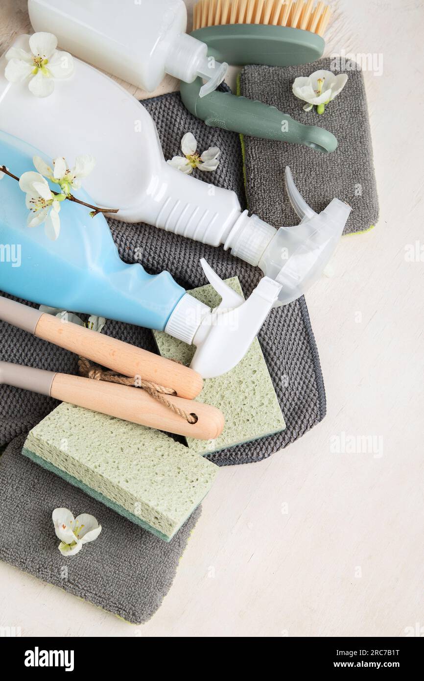 Brushes, sponges, rubber gloves and natural cleaning products. Eco