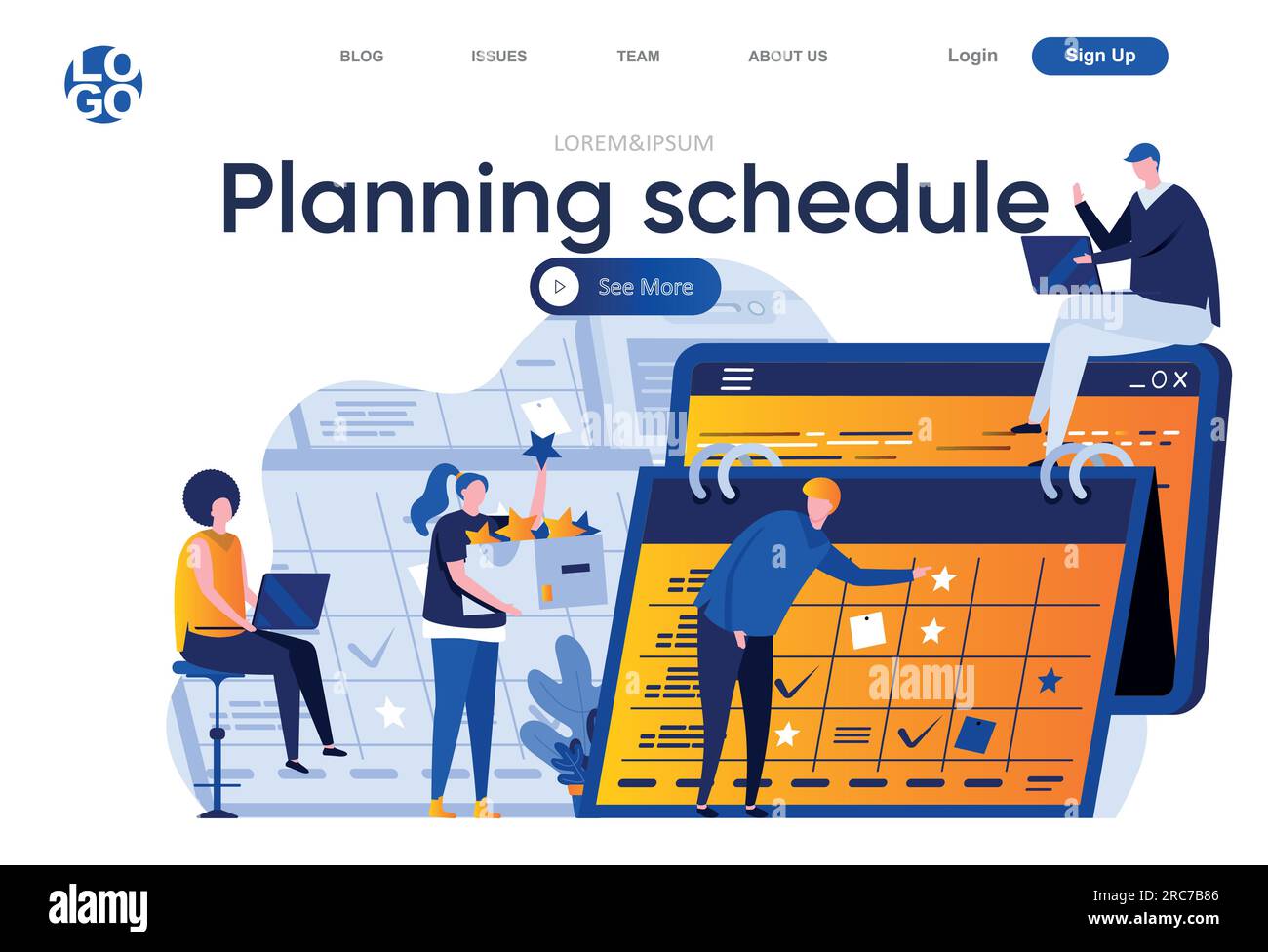 Planning schedule flat landing page. Business team planning and