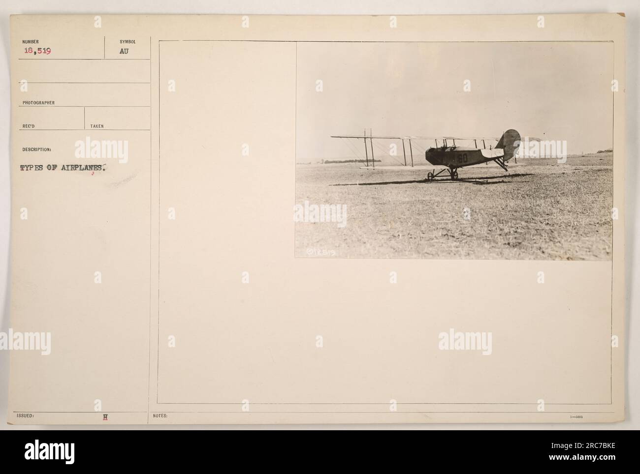 Photograph showing different types of airplanes used during World War One. Images captured by photographer RECO. The photograph has an identification number of 111-SC-18519 and is labeled as number 18,519. It is part of a series documenting American Military Activities during the war. Stock Photo