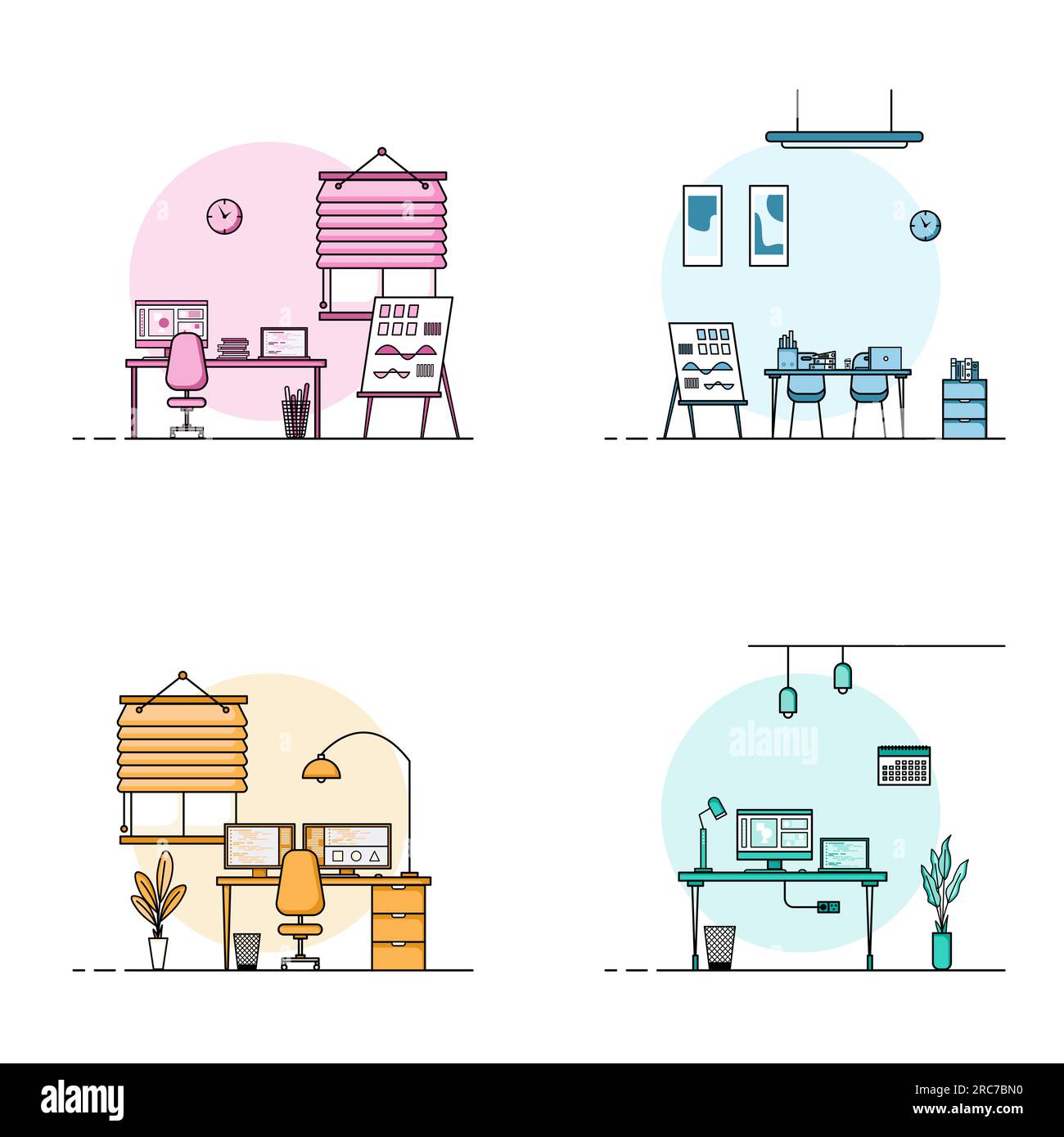 Collection of working table flat design, Concept of working desk interior with furniture. Work room and computer, desktop, table, chair, book, and sta Stock Photo