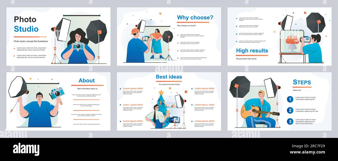 Photo studio concept for presentation slide template. People work as