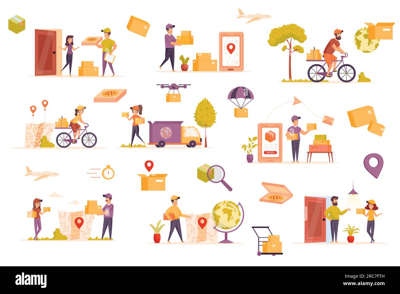 Delivery service bundle of flat scenes. Couriers holding parcels