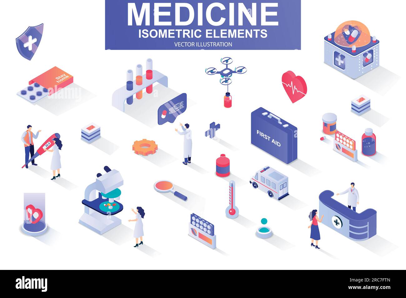 Medicine bundle of isometric elements. First aid kit, medicine, doctor