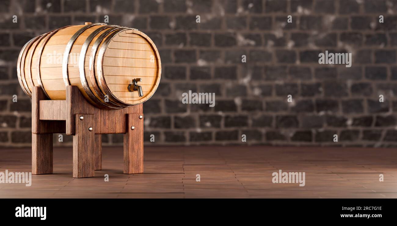 Wooden barrel with faucet mounted horizontally on dark old stone wall