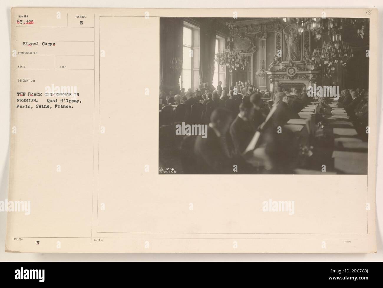 Delegates at the Peace Conference in session at the Quai d'Orsay in Paris, France. The photograph was taken during World War One by the Signal Company and was issued as part of a collection documenting American military activities. Stock Photo