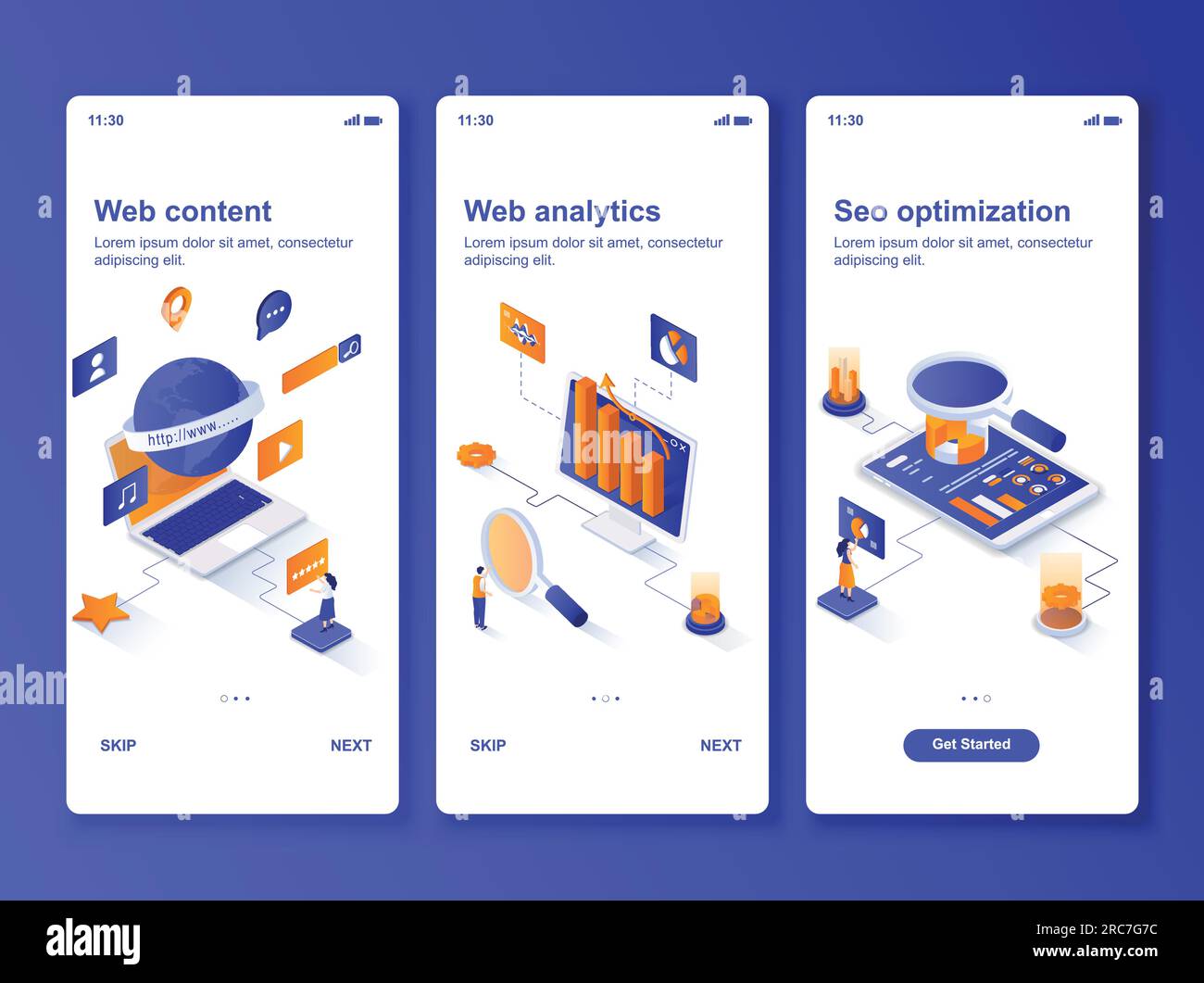  analytics isometric GUI design kit.  content production, seo