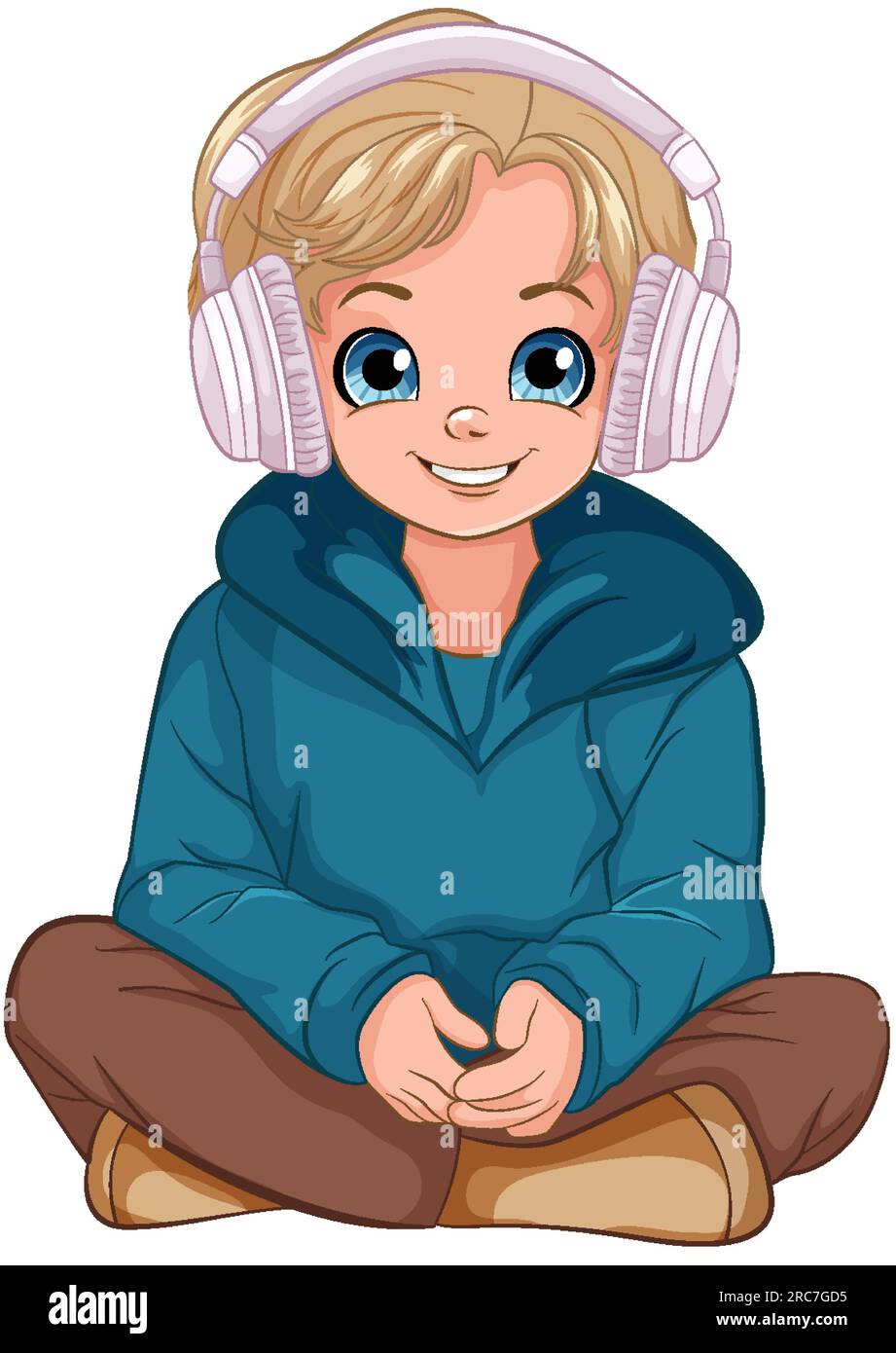 Boy sitting on the floor listening to music with headset illustration ...