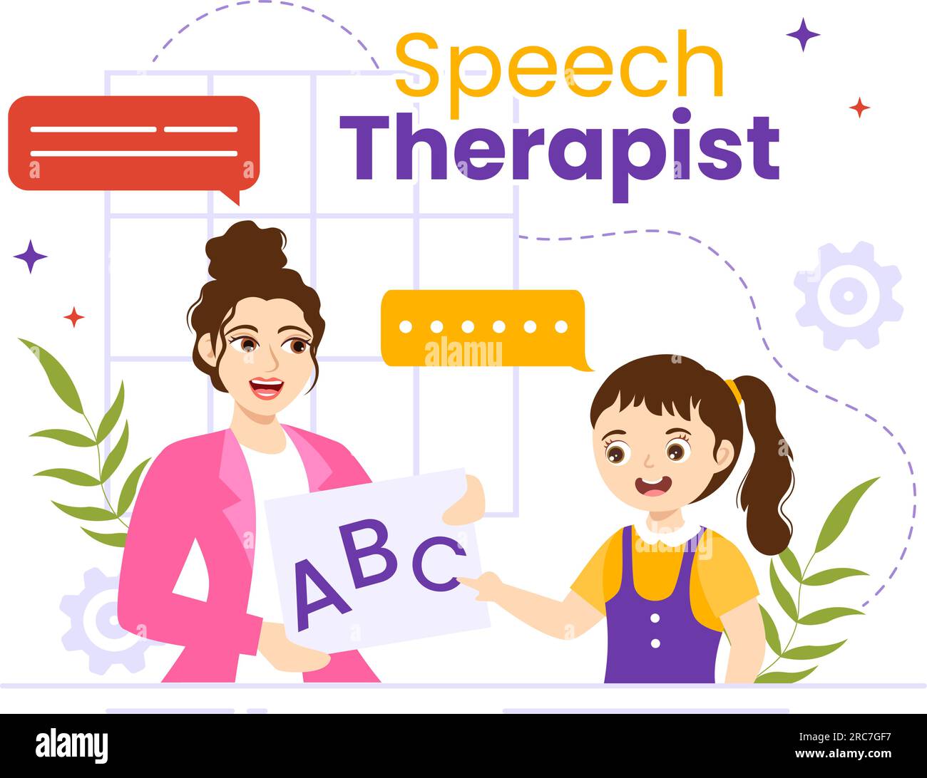 Speech Therapist Vector Illustration with Child Training Basic Language