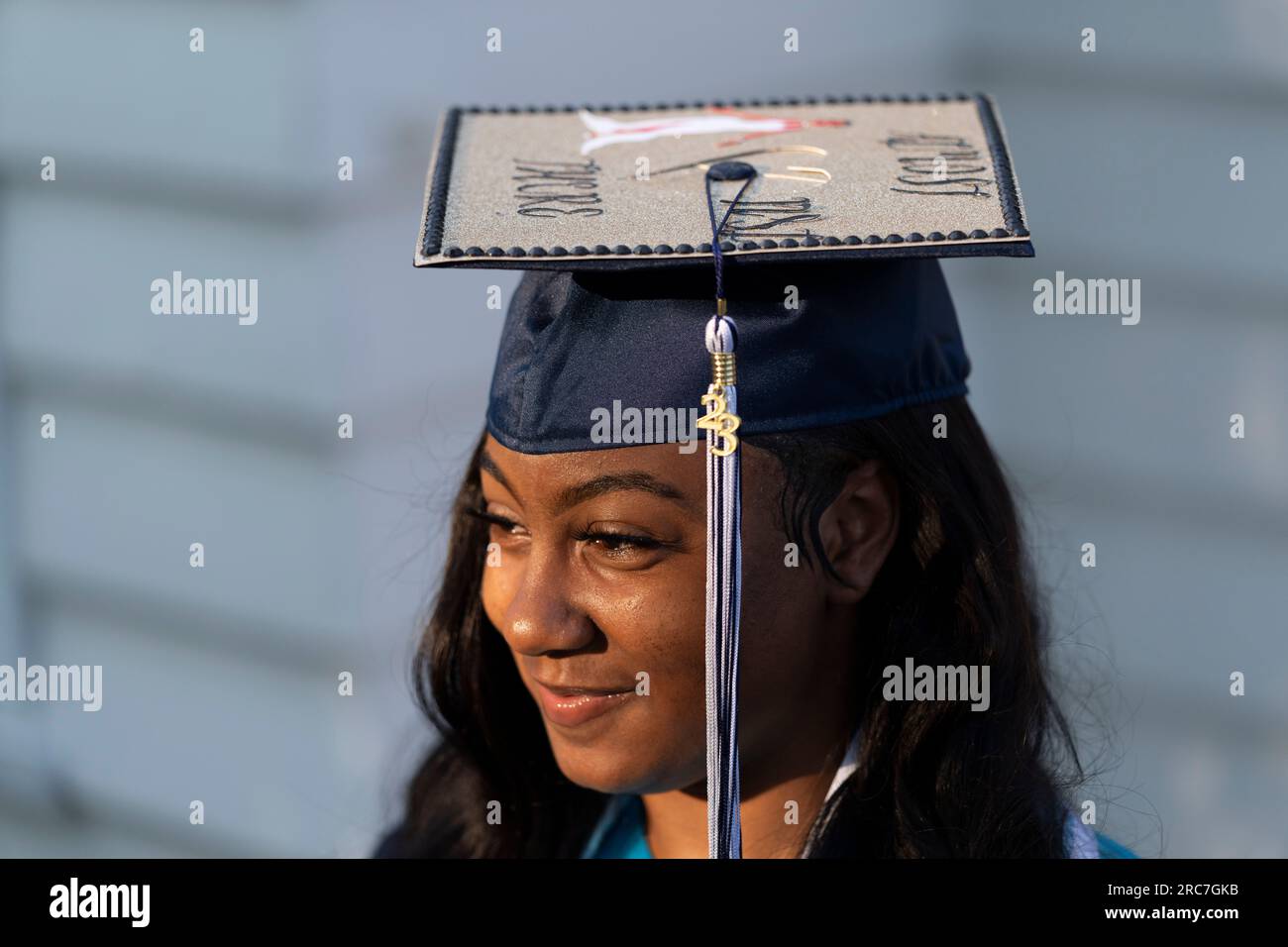 Nylla Miller speaks during an interview with The Associated Press before  she departs for her high school graduation ceremony from her home in Aldan,  Pa., Thursday, June 15, 2023. (AP Photo/Matt Rourke