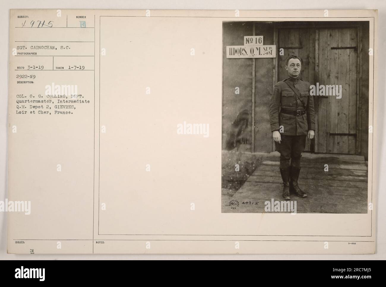 Col. O.G. Collins, the Department Quartermaster at Intermediate Q.M. Depot 2 in Gievres, Loire et Cher, France, is photographed with Sgt. Carno Chan of the 8th Corps. The picture was taken on January 7, 1919, by photographer Sgt. Carno Chan. The photo's description number is B and it is associated with Col. O. G. Collins. This information was documented in MI Notes No. 16, and the photo was issued under the identification number 49715. Stock Photo