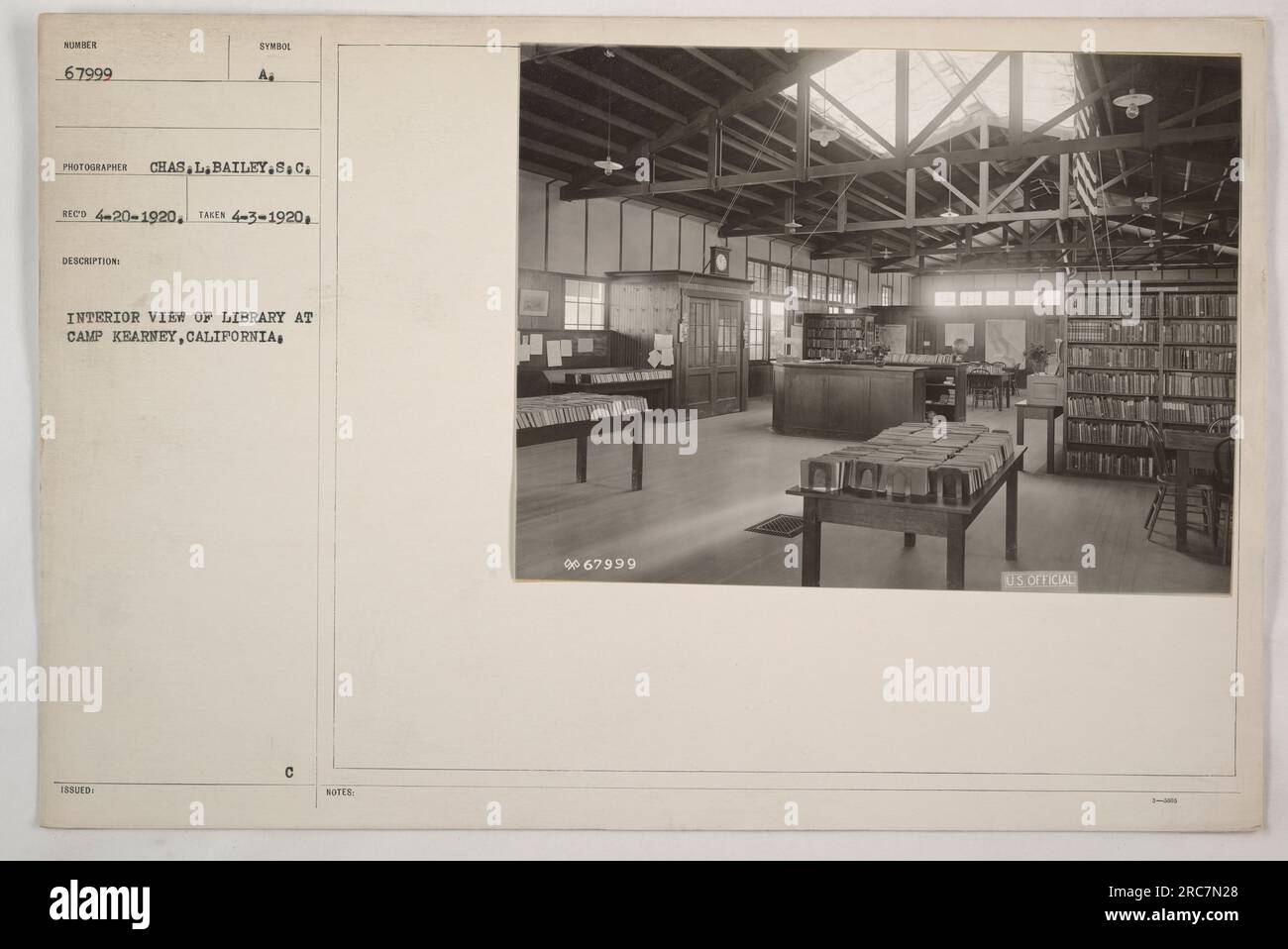 Interior view of the Library at Camp Kearney, California. Photographed by Chas L. Bailey on April 3, 1920. This image is part of a series on American military activities during World War One. It is a new, officially issued photograph marked with the identification number 67999. Stock Photo