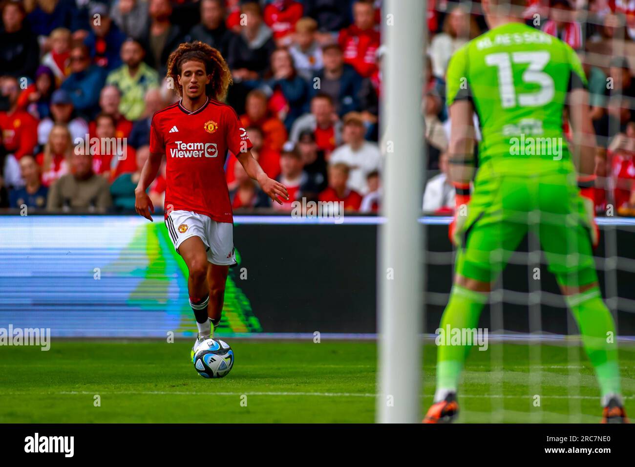 Oslo, Norway, 12th July 2023. Manchester United's Hannibal Mejbri on the ball in the match beween Manchester United and Leeds United at Ullevål Stadium in Oslo.   Credit: Frode Arnesen/Alamy Live News Stock Photo