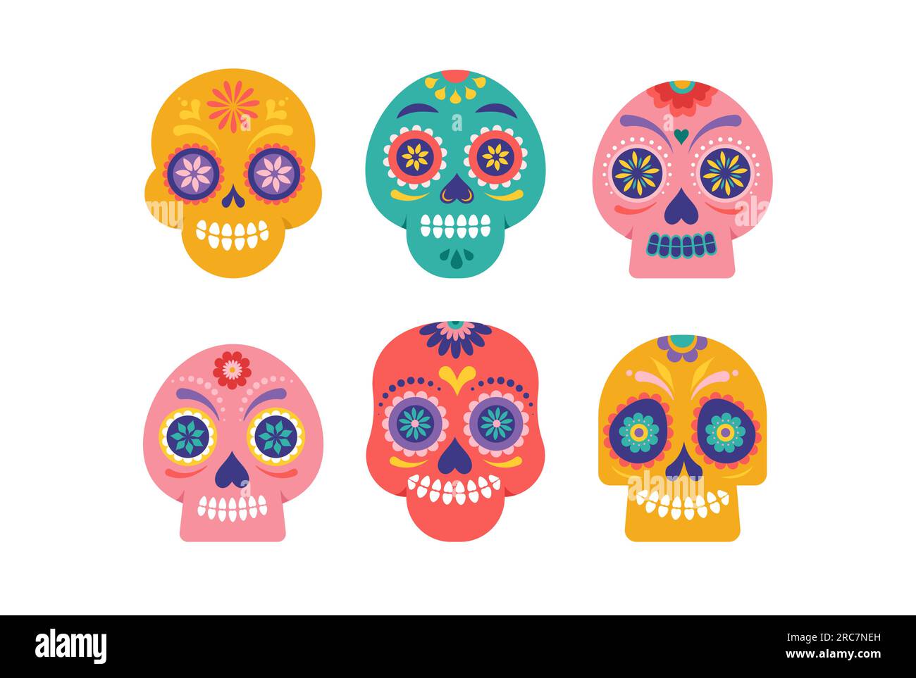 Colorful skulls, Mexican sugar skulls for Day of the dead, dia de los muertos. Vector illustration Stock Vector