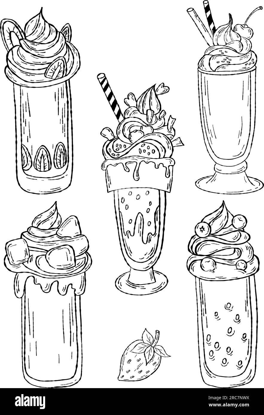 Collection outline sweet food desserts and cream smoothies, milk shake in glasses. Vector