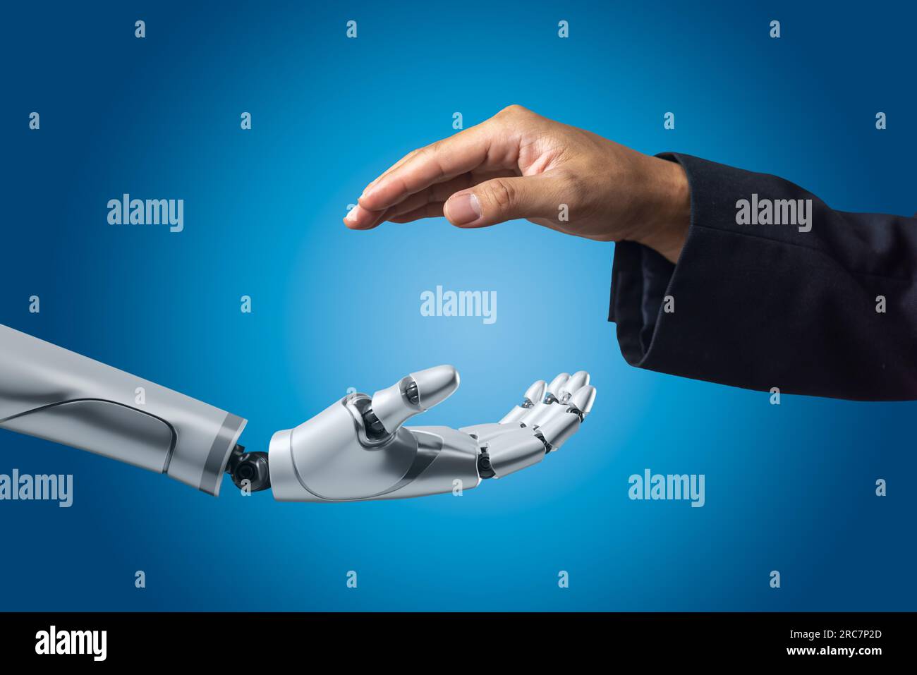 artificial intelligence AI hand robot white 3d rendering and hand people on background. Stock Photo