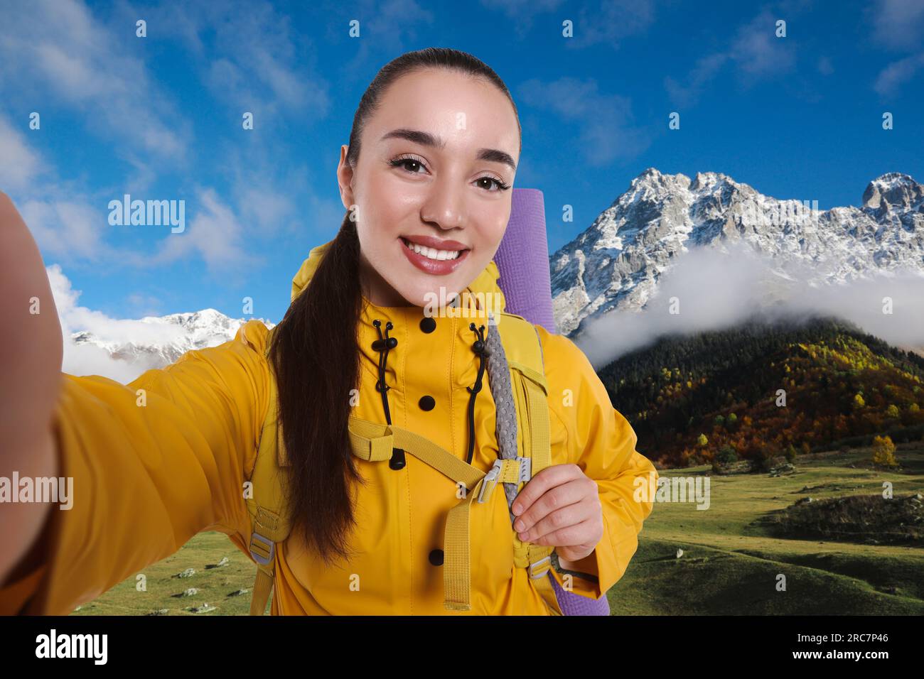 Smiling hiker girl taking selfie hi-res stock photography and images ...