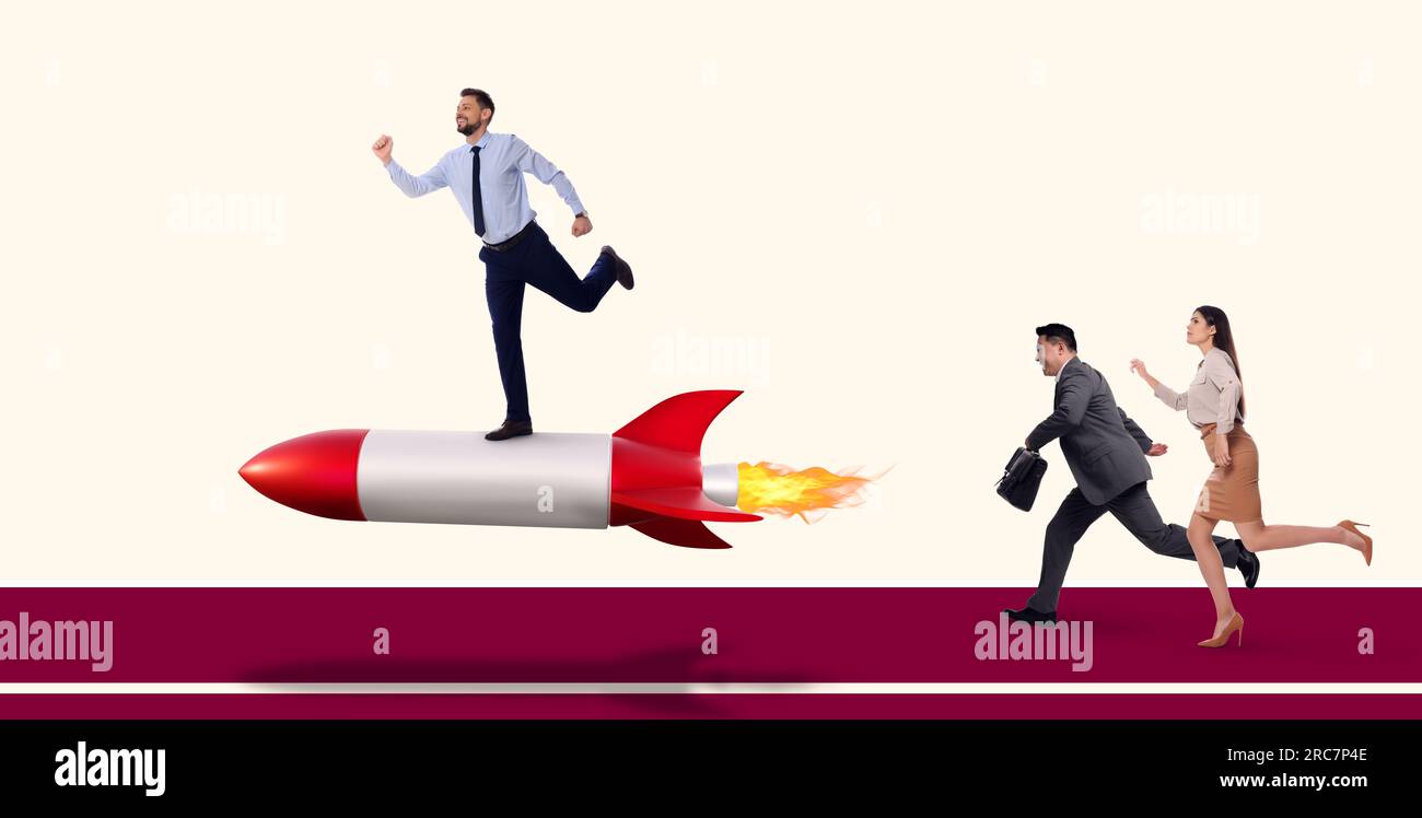 Competition in business. Man pulling ahead by using rocket while others