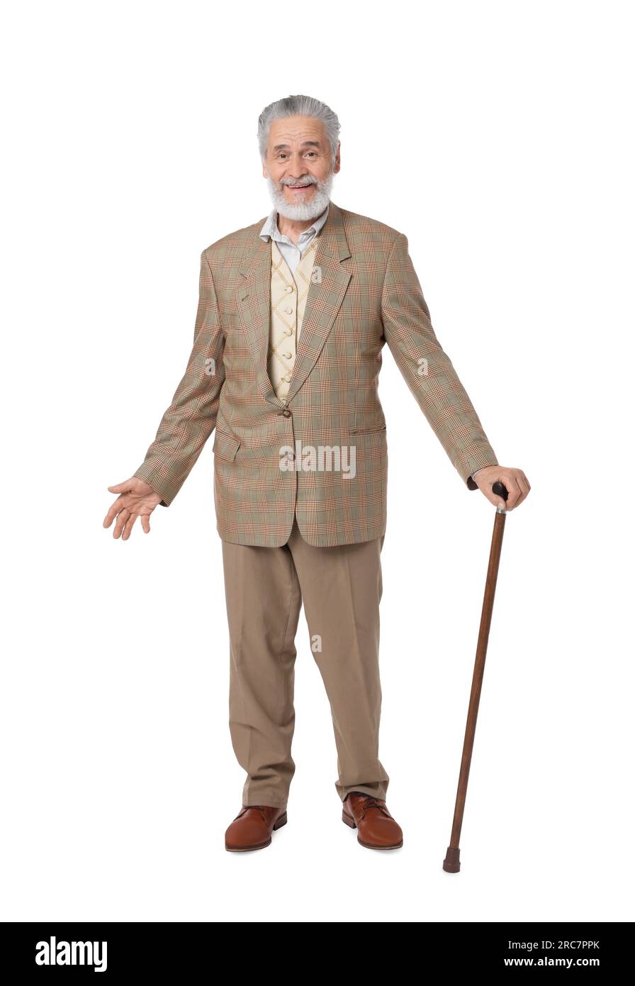 Senior man with walking cane on white background Stock Photo - Alamy