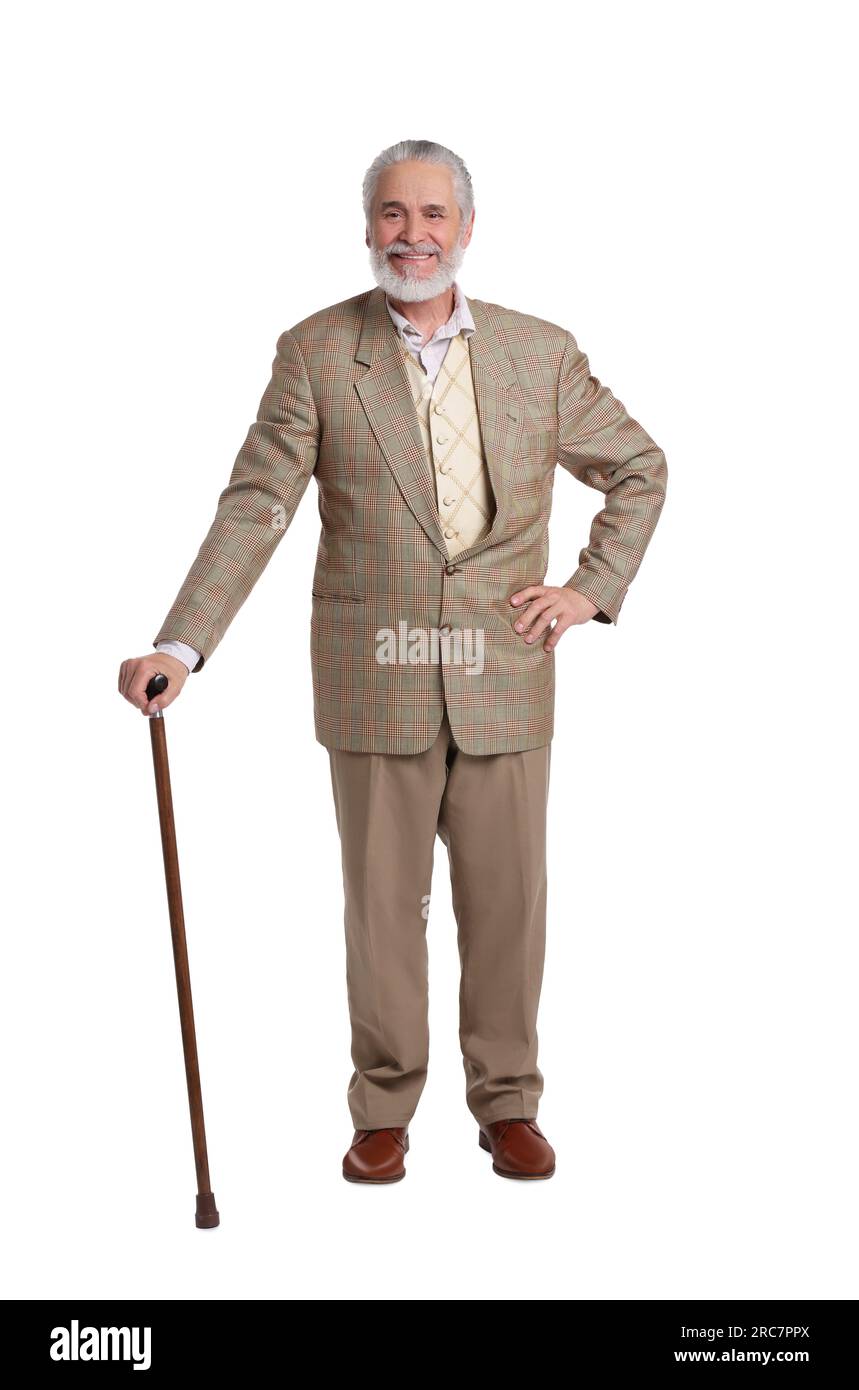 Senior man with walking cane on white background Stock Photo - Alamy