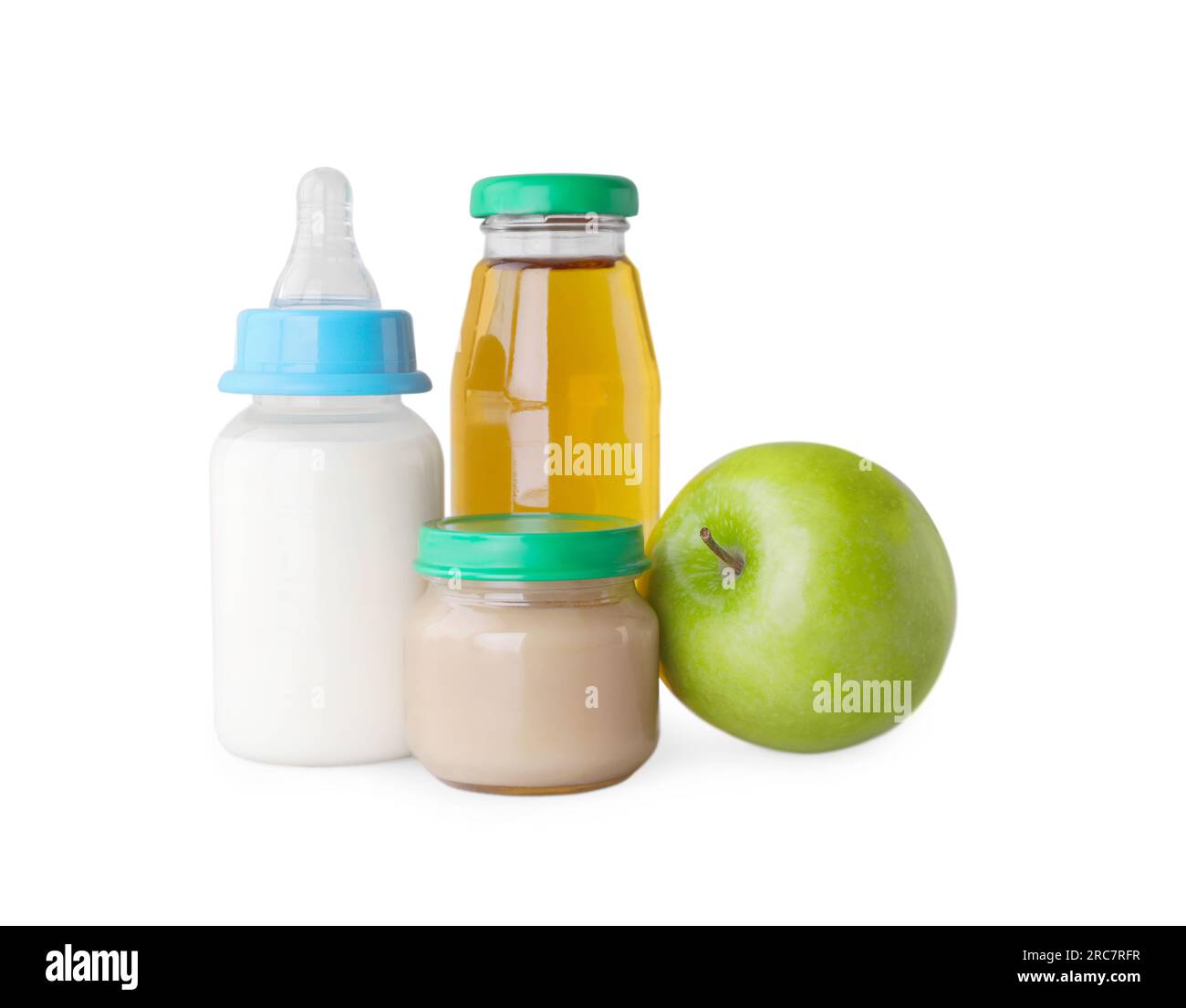 Healthy baby food, bottles with milk, juice and apple on light grey