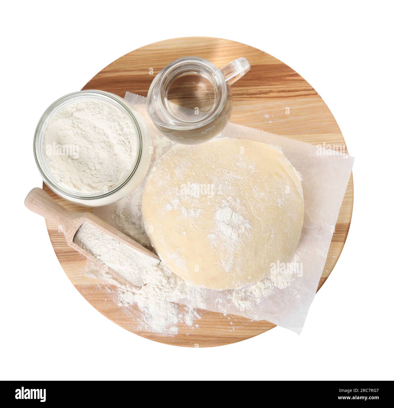 Cooking scones with soda water. Dough and ingredients isolated on white, top view Stock Photo