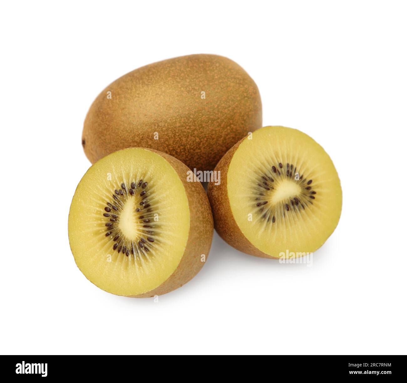 Whole and cut ripe yellow kiwis on white background Stock Photo - Alamy