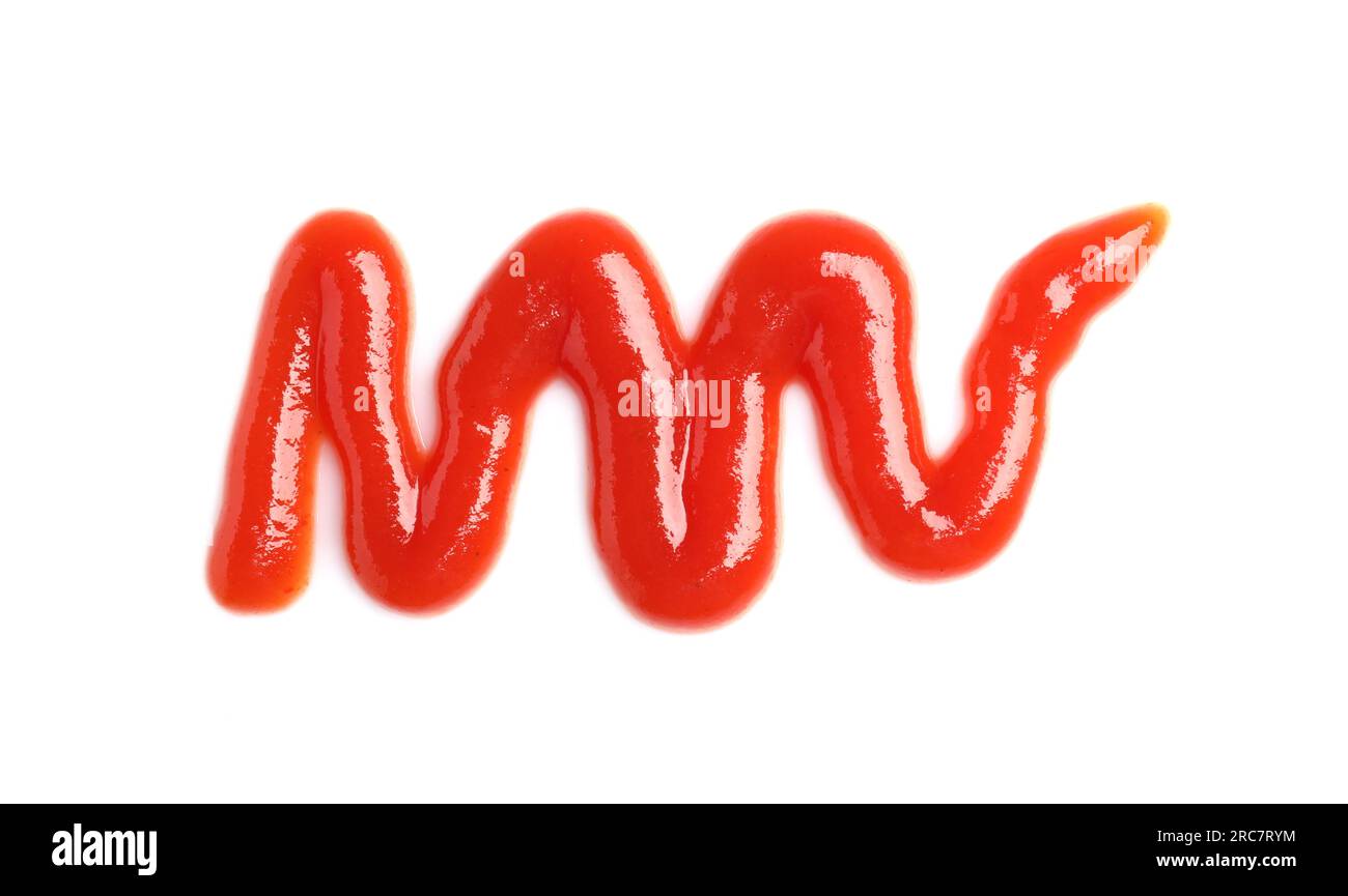 Smear of tasty ketchup on white background, top view. Ingredient for hot dog Stock Photo