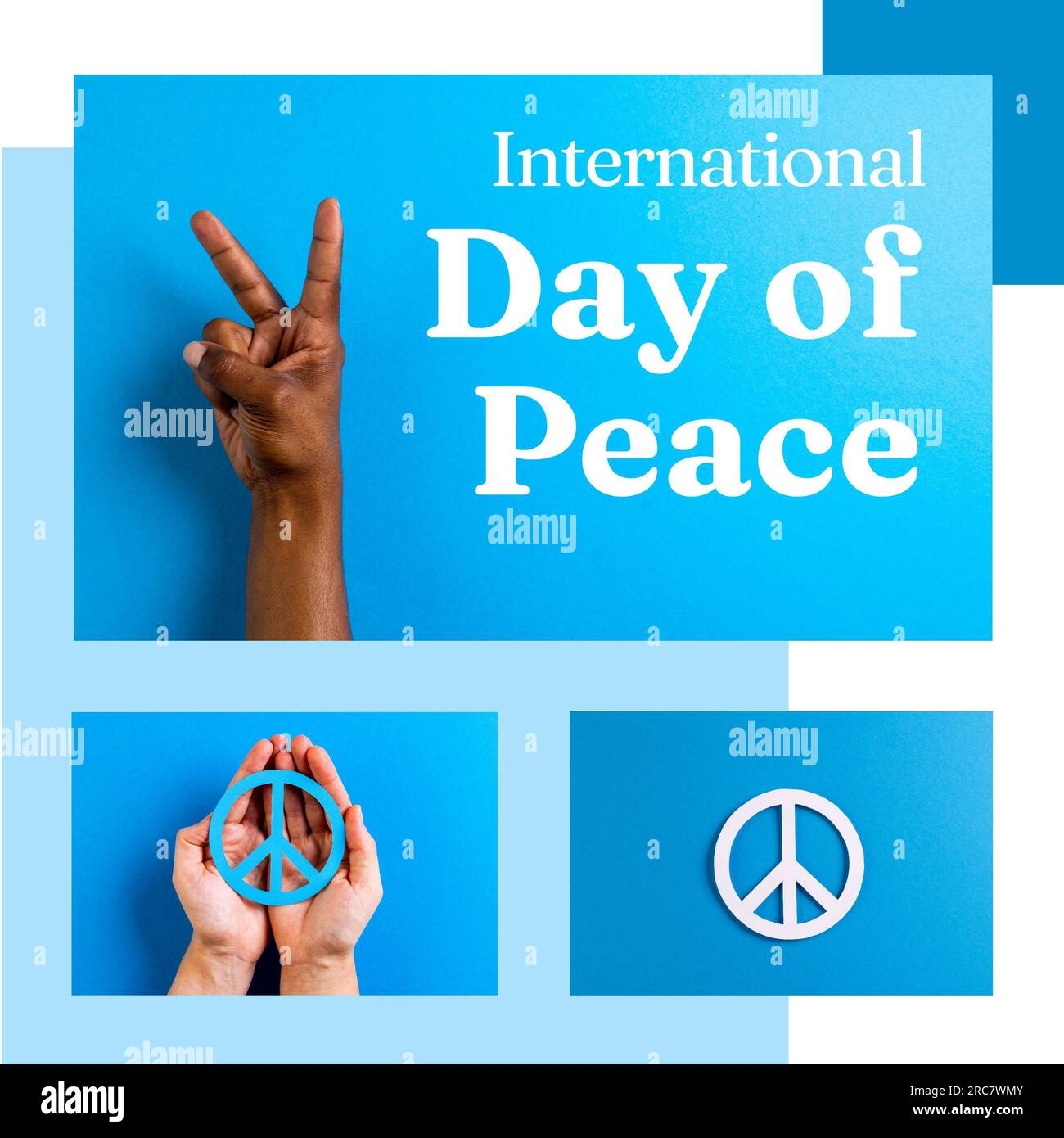 International day of peace text with diverse hands holding peace symbol and making hand sign Stock Photo