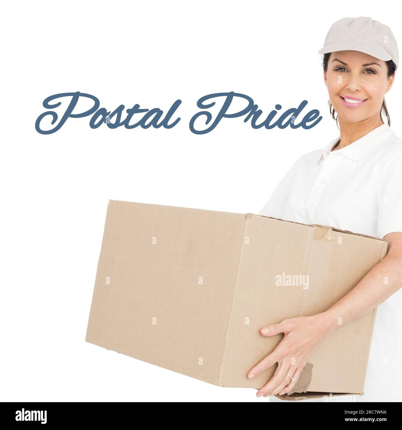 Composition of postal pride text over happy caucasian delivery woman with box Stock Photo