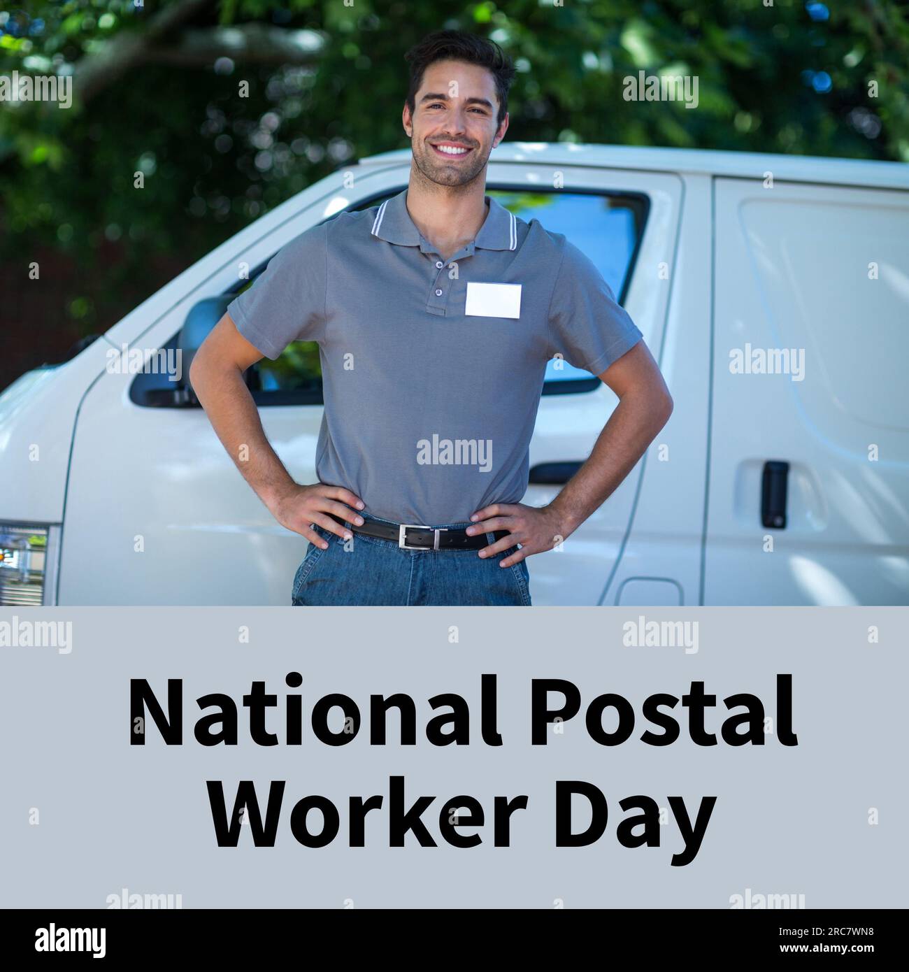 Composition of national postal worker day text over happy caucasian delivery man by van Stock Photo