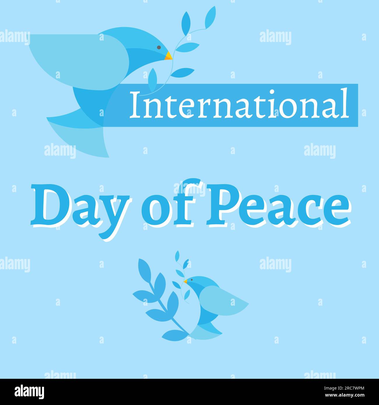 International day of peace text with two doves holding olive branches on blue background Stock Photo