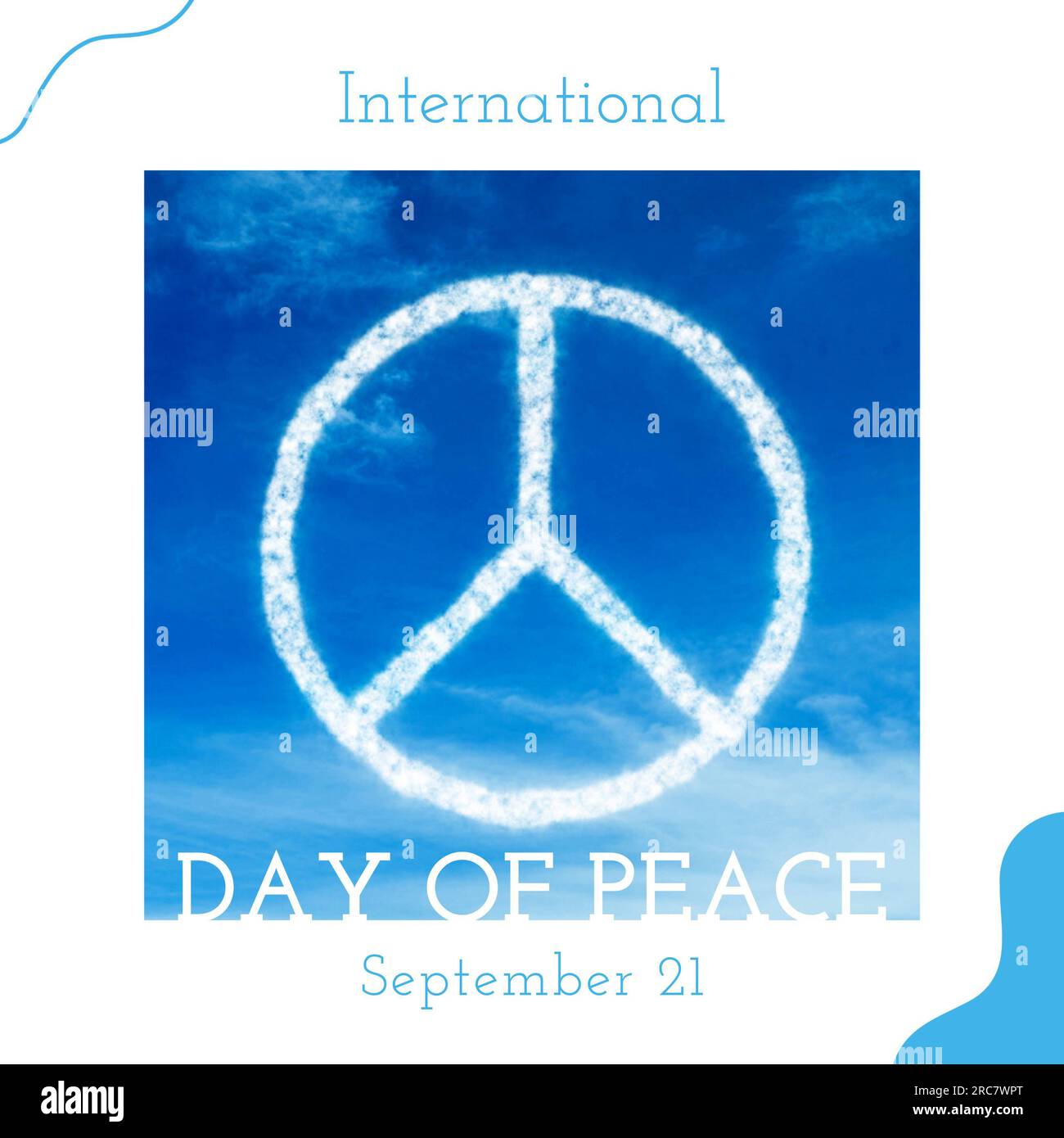 International day of peace text with cloud peace symbol in blue sky, on