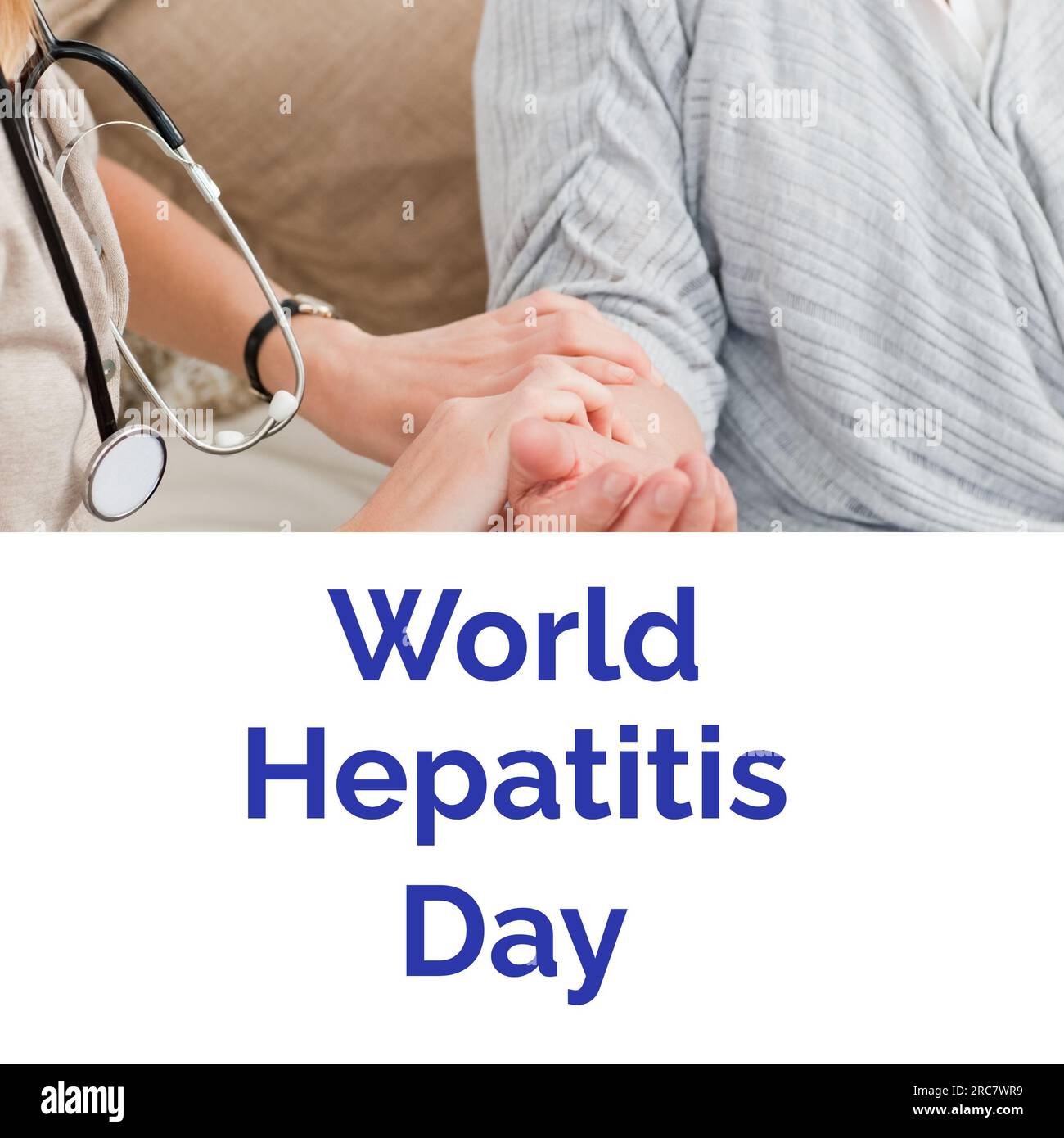 Composition of world hepatitis day text over caucasian female doctor examining male patient Stock Photo