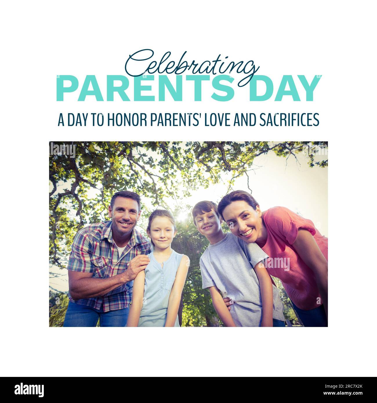 Celebrating parents day text with happy caucasian parents, son and ...