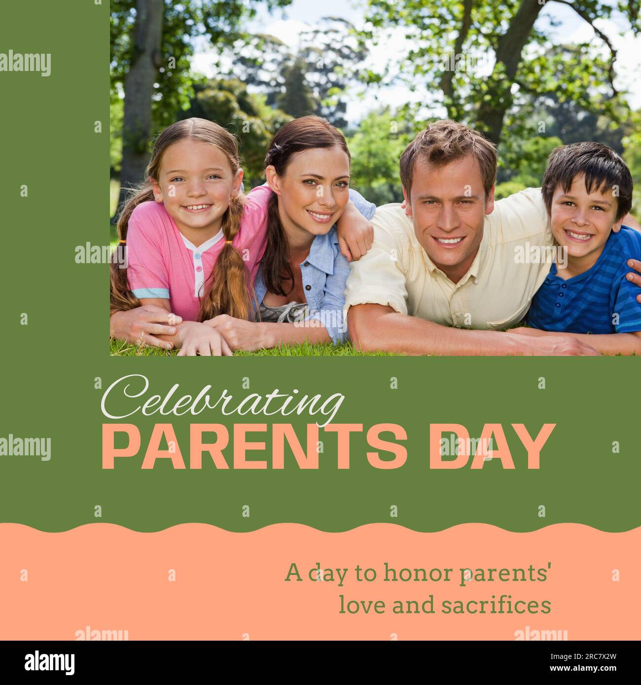 Celebrating parents day text with happy caucasian parents, daughter and
