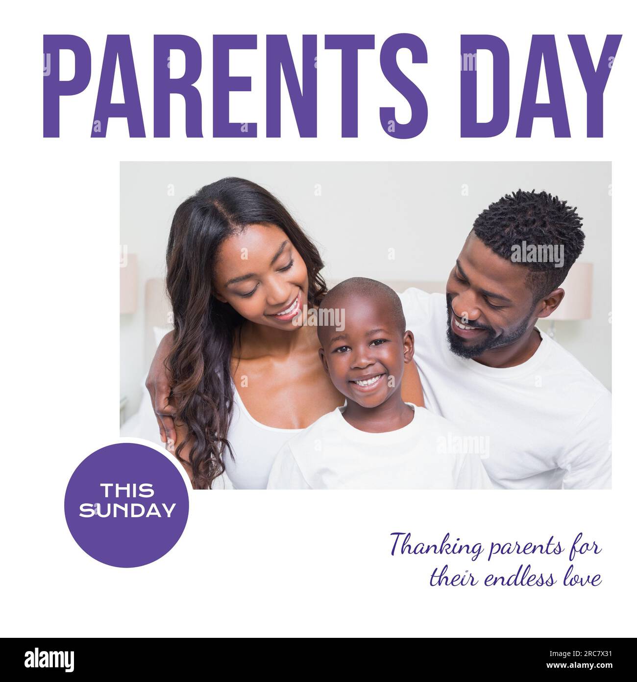 Parents day this sunday text on white with happy african american parents and son at home Stock Photo